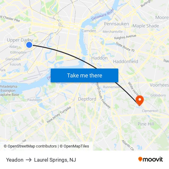 Yeadon to Laurel Springs, NJ map