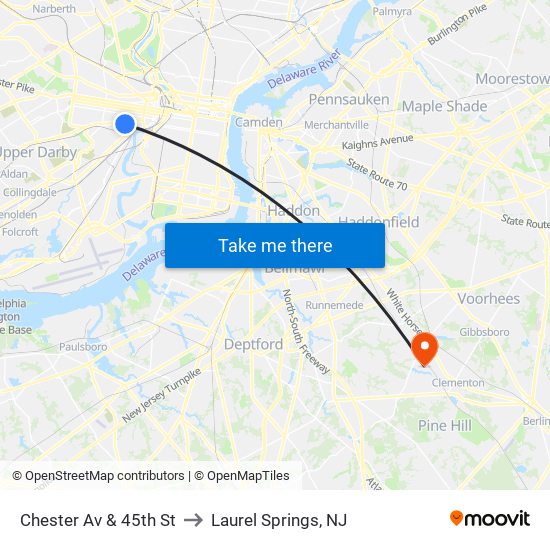 Chester Av & 45th St to Laurel Springs, NJ map