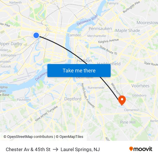 Chester Av & 45th St to Laurel Springs, NJ map