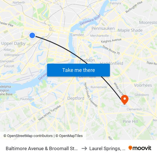 Baltimore Avenue & Broomall Street to Laurel Springs, NJ map