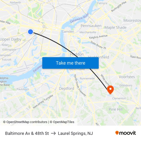 Baltimore Av & 48th St to Laurel Springs, NJ map