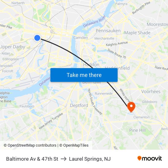 Baltimore Av & 47th St to Laurel Springs, NJ map