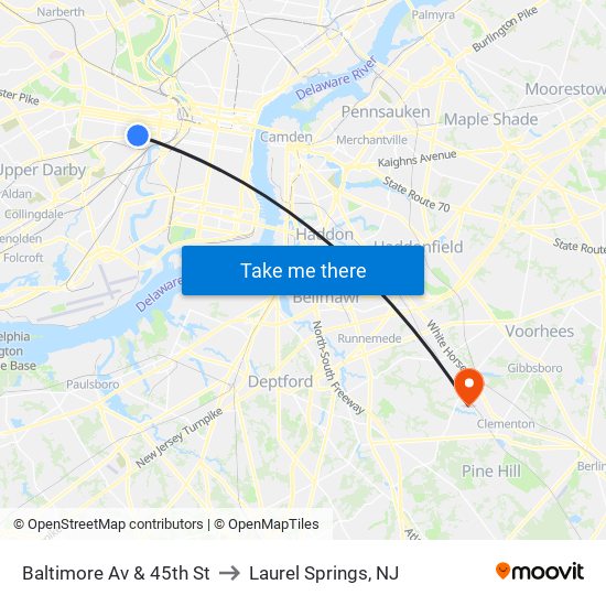 Baltimore Av & 45th St to Laurel Springs, NJ map
