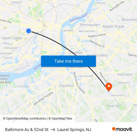 Baltimore Av & 52nd St to Laurel Springs, NJ map