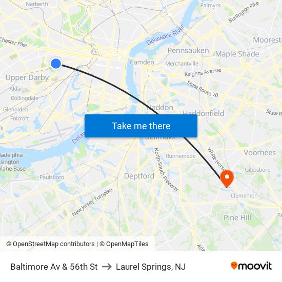 Baltimore Av & 56th St to Laurel Springs, NJ map