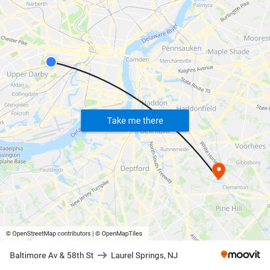 Baltimore Av & 58th St to Laurel Springs, NJ map