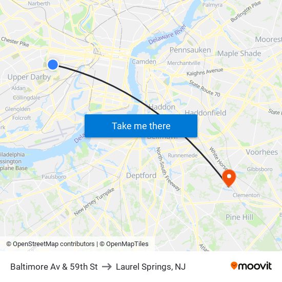 Baltimore Av & 59th St to Laurel Springs, NJ map