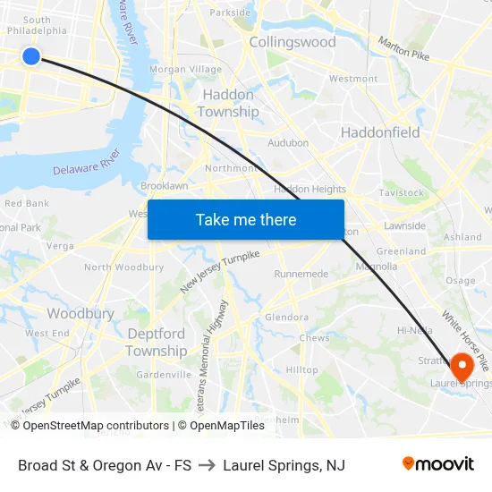Broad St & Oregon Av - FS to Laurel Springs, NJ map