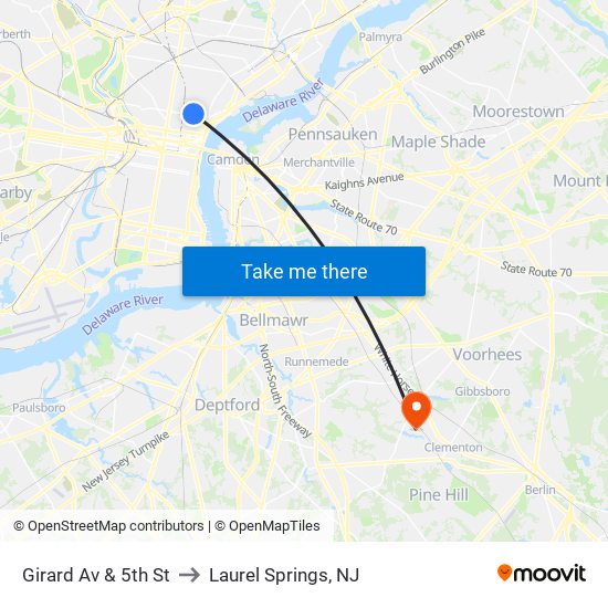 Girard Av & 5th St to Laurel Springs, NJ map