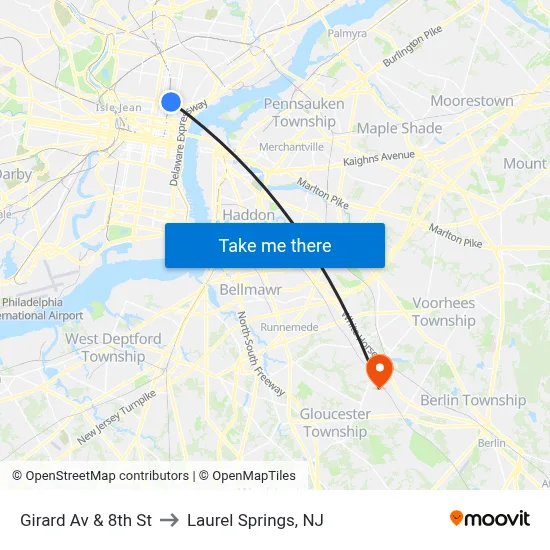 Girard Av & 8th St to Laurel Springs, NJ map