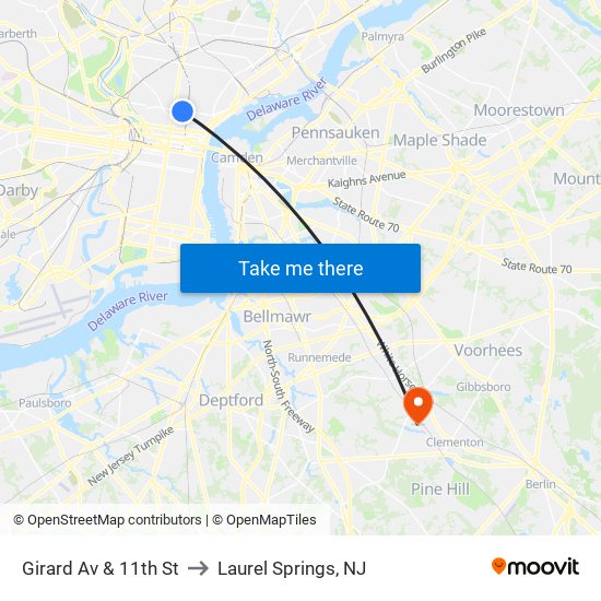 Girard Av & 11th St to Laurel Springs, NJ map