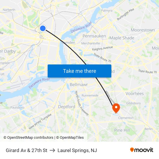 Girard Av & 27th St to Laurel Springs, NJ map