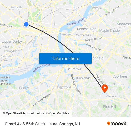 Girard Av & 56th St to Laurel Springs, NJ map