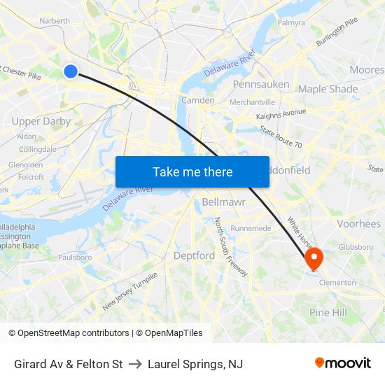 Girard Av & Felton St to Laurel Springs, NJ map