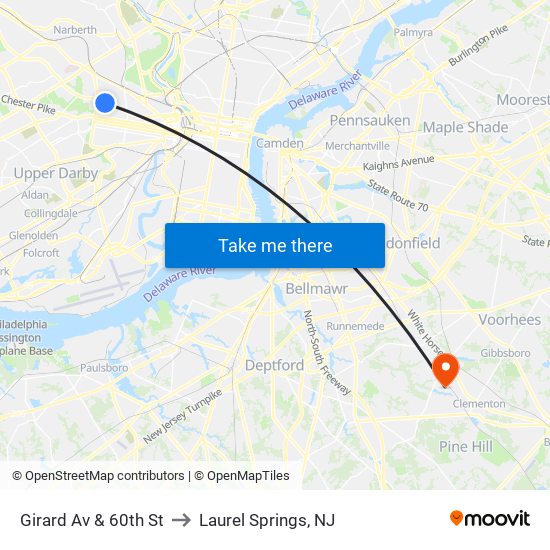 Girard Av & 60th St to Laurel Springs, NJ map