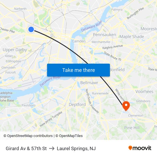 Girard Av & 57th St to Laurel Springs, NJ map