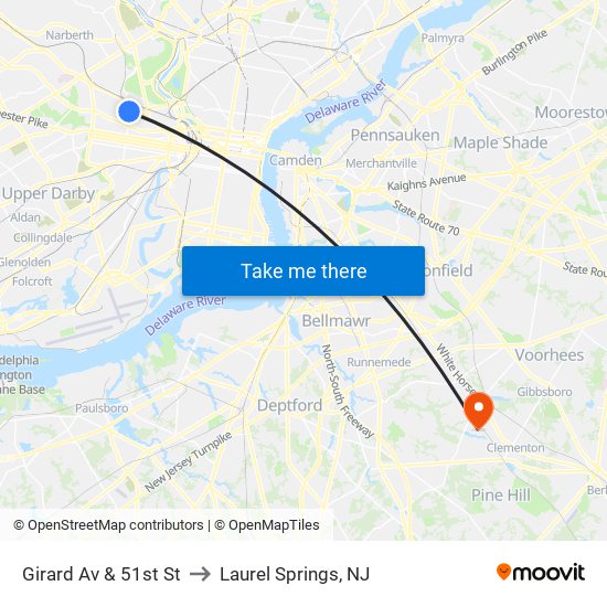 Girard Av & 51st St to Laurel Springs, NJ map