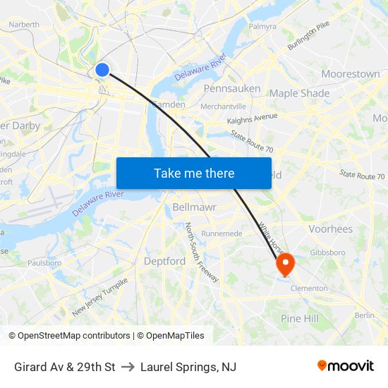 Girard Av & 29th St to Laurel Springs, NJ map
