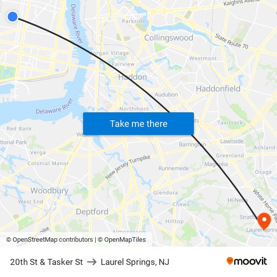 20th St & Tasker St to Laurel Springs, NJ map