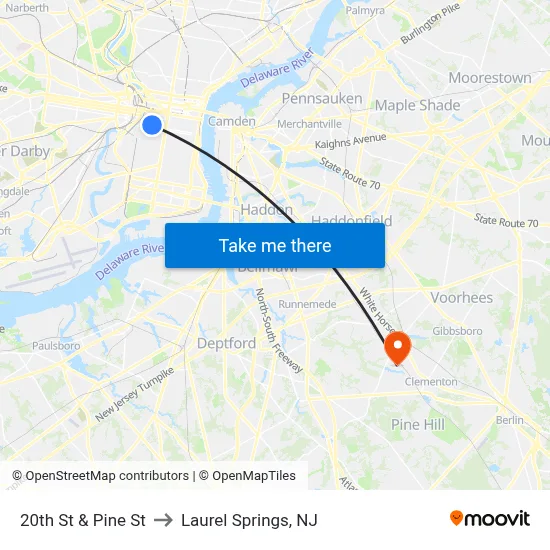 20th St & Pine St to Laurel Springs, NJ map