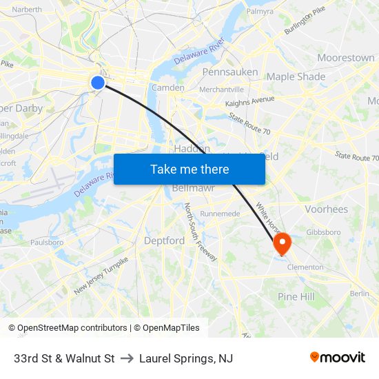 33rd St & Walnut St to Laurel Springs, NJ map