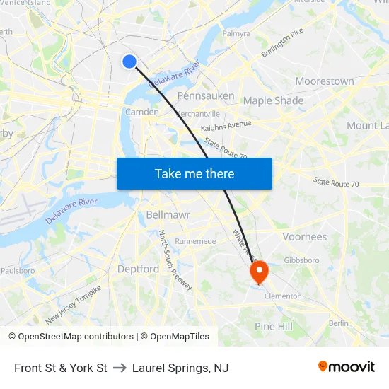 Front St & York St to Laurel Springs, NJ map
