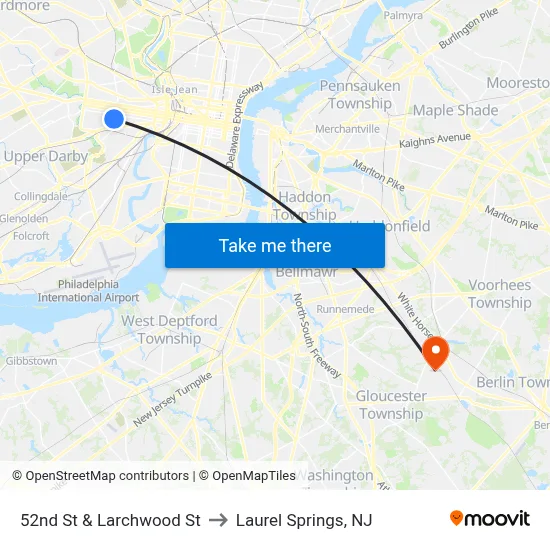52nd St & Larchwood St to Laurel Springs, NJ map