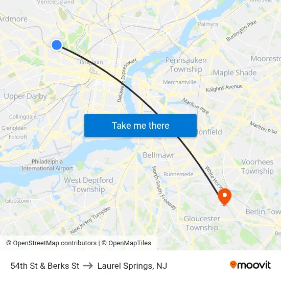 54th St & Berks St to Laurel Springs, NJ map