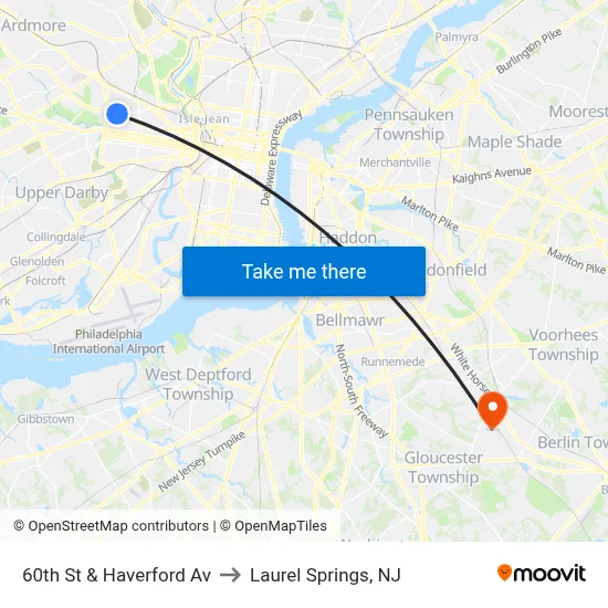 60th St & Haverford Av to Laurel Springs, NJ map