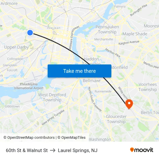 60th St & Walnut St to Laurel Springs, NJ map