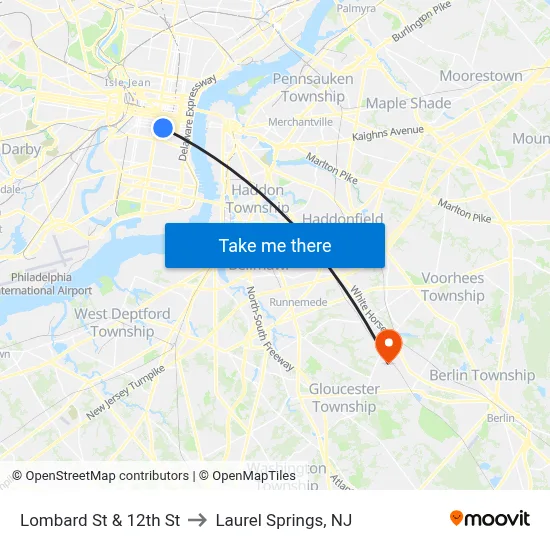 Lombard St & 12th St to Laurel Springs, NJ map