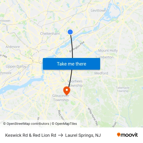 Keswick Rd & Red Lion Rd to Laurel Springs, NJ map