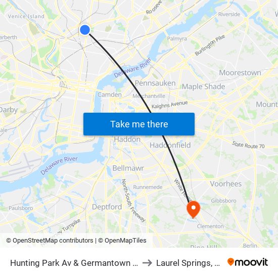 Hunting Park Av & Germantown Av to Laurel Springs, NJ map