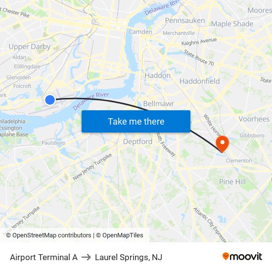 Airport Terminal A to Laurel Springs, NJ map