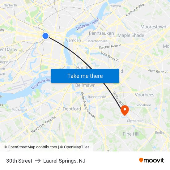 30th Street to Laurel Springs, NJ map