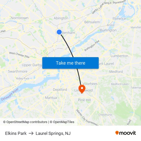 Elkins Park to Laurel Springs, NJ map