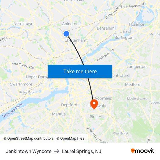 Jenkintown Wyncote to Laurel Springs, NJ map