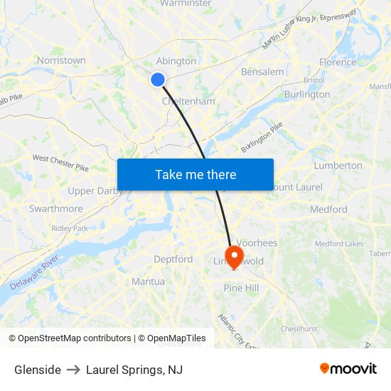 Glenside to Laurel Springs, NJ map