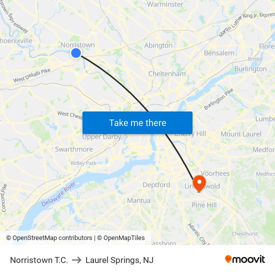 Norristown T.C. to Laurel Springs, NJ map