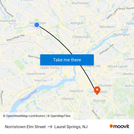 Norristown Elm Street to Laurel Springs, NJ map