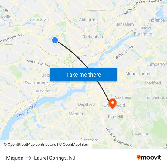 Miquon to Laurel Springs, NJ map