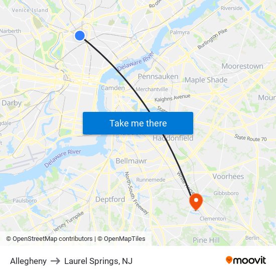 Allegheny to Laurel Springs, NJ map