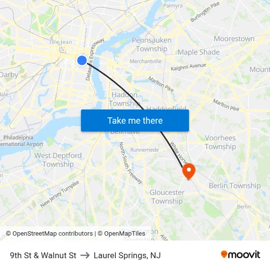 9th St & Walnut St to Laurel Springs, NJ map