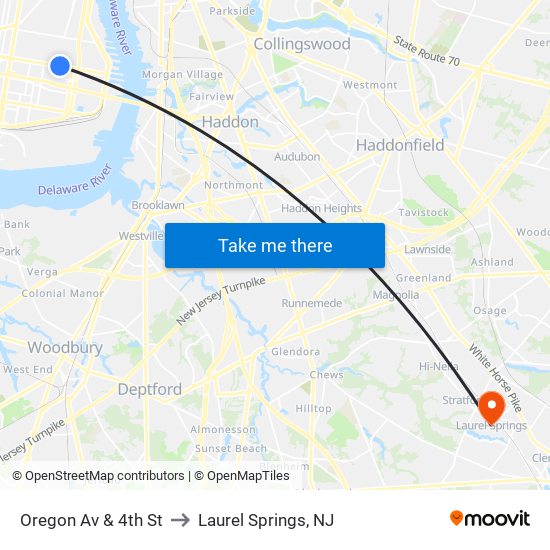 Oregon Av & 4th St to Laurel Springs, NJ map