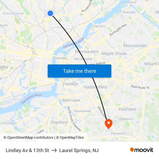 Lindley Av & 13th St to Laurel Springs, NJ map