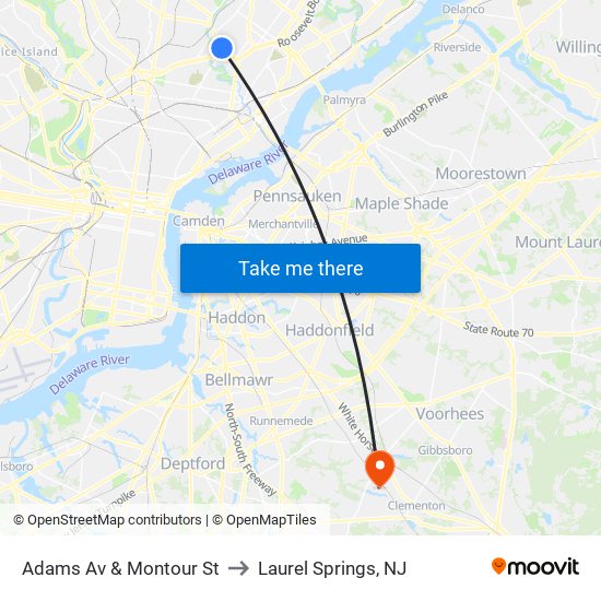 Adams Av & Montour St to Laurel Springs, NJ map