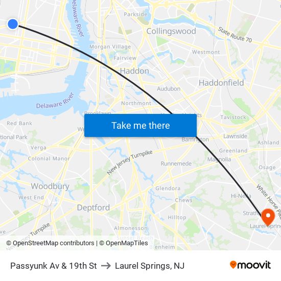 Passyunk Av & 19th St to Laurel Springs, NJ map