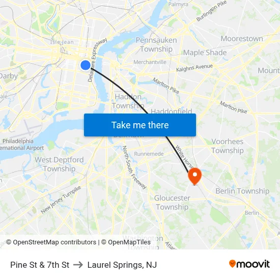 Pine St & 7th St to Laurel Springs, NJ map