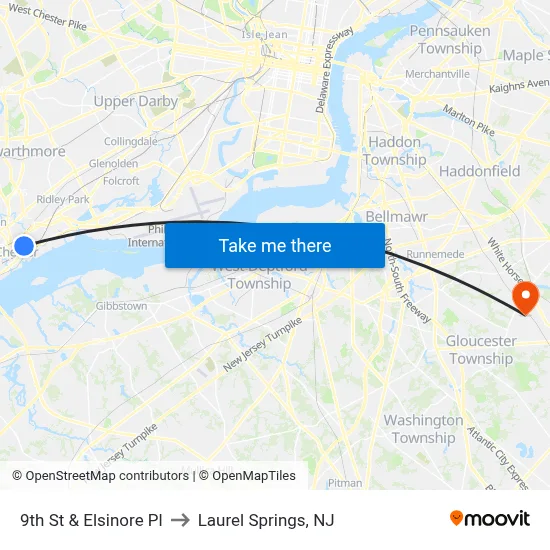9th St & Elsinore Pl to Laurel Springs, NJ map