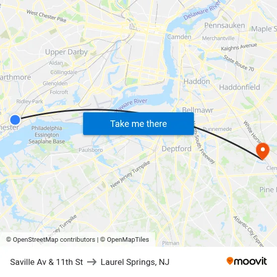 Saville Av & 11th St to Laurel Springs, NJ map